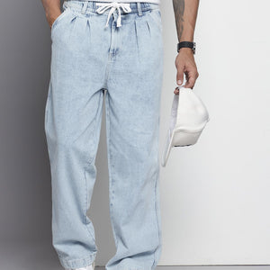 Men's Blue Relaxed Fit Solid Denim Joggers