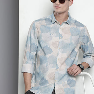 Men's Beige Regular Fit Floral Resort Wear Shirt