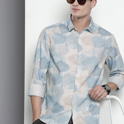 Men's Beige Regular Fit Floral Resort Wear Shirt