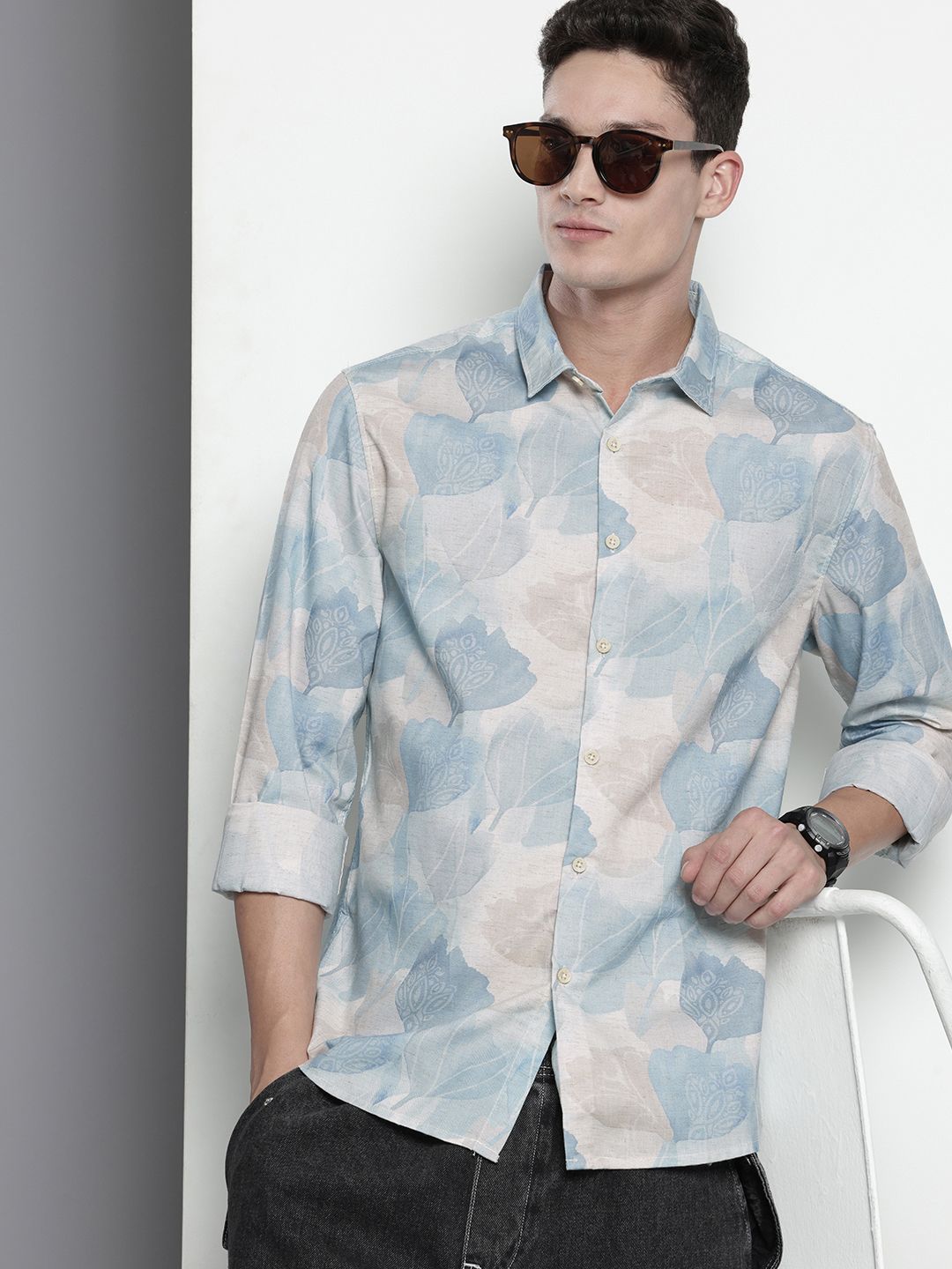 Men's Beige Regular Fit Floral Resort Wear Shirt