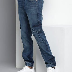 Men's Blue Regular Fit Solid Stretchable Denim Cargo Joggers