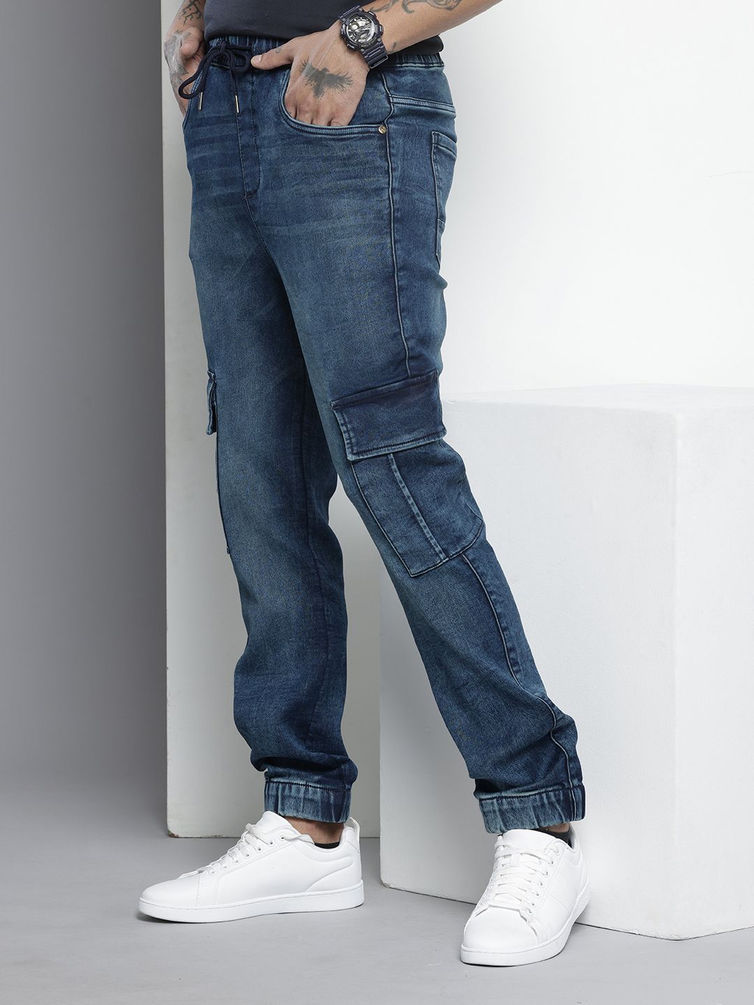 Men's Blue Regular Fit Solid Stretchable Denim Cargo Joggers