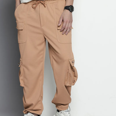 Men's Brown Relaxed Fit Textured Wide Leg Cargo Joggers
