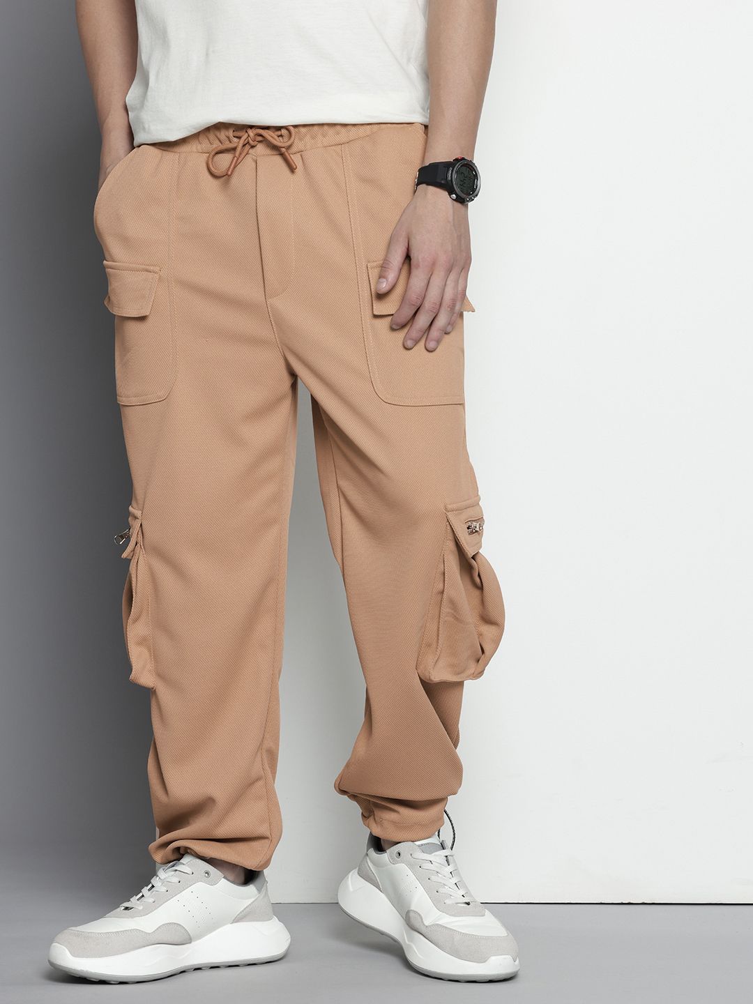 Men's Brown Relaxed Fit Textured Wide Leg Cargo Joggers