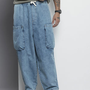 Men's Blue Loose Solid Denim Cargo Harem Pants