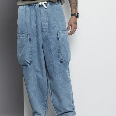 Men's Blue Loose Solid Denim Cargo Harem Pants