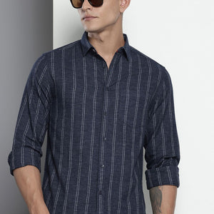 Men's Navy Blue Slim Fit Striped Casual Shirt