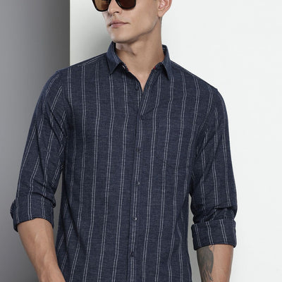 Men's Navy Blue Slim Fit Striped Casual Shirt