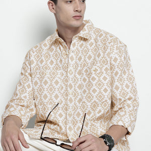 Men's Beige Relaxed Fit Geometric Print Casual Shirt