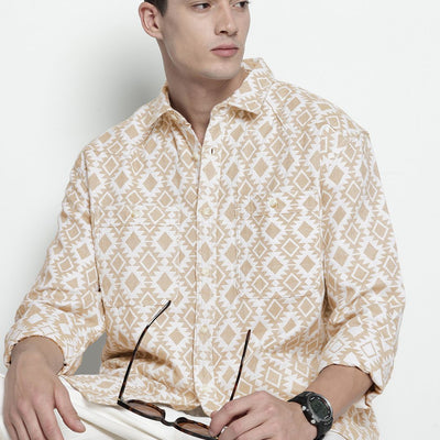 Men's Beige Relaxed Fit Geometric Print Casual Shirt