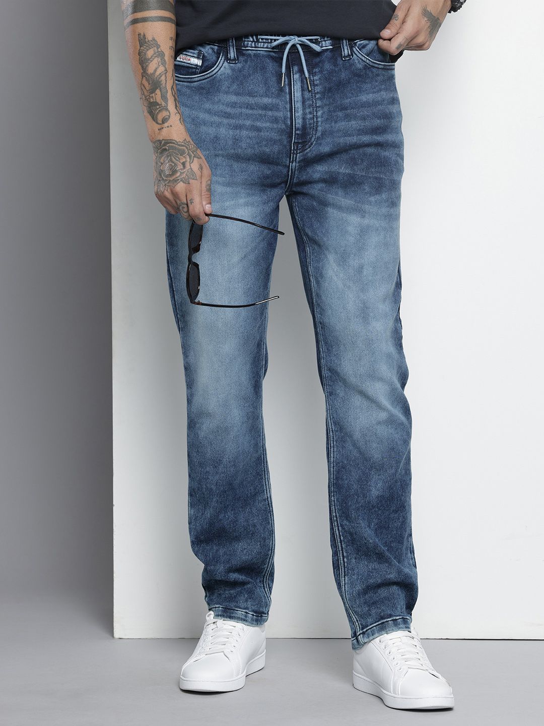 Men's Blue Regular Fit Solid Denim Joggers