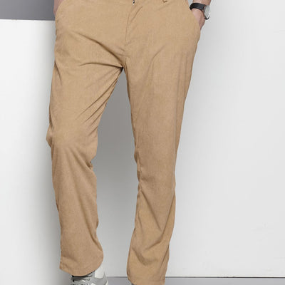 Men's Khaki Straight Fit Textured Trousers