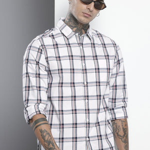 Men's White Slim Fit Checked Casual Shirt
