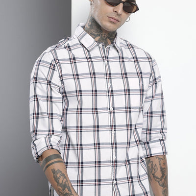 Men's White Slim Fit Checked Casual Shirt