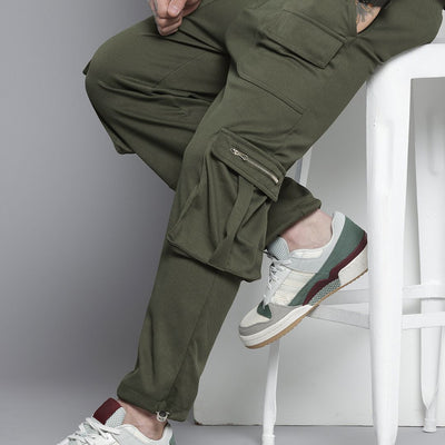 Men's Olive Relaxed Fit Textured Wide Leg Cargo Joggers