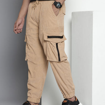 Men's Khaki Relaxed Fit Textured Corduroy Loose Joggers