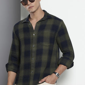 Men's Olive Relaxed Fit Textured Casual Shirt
