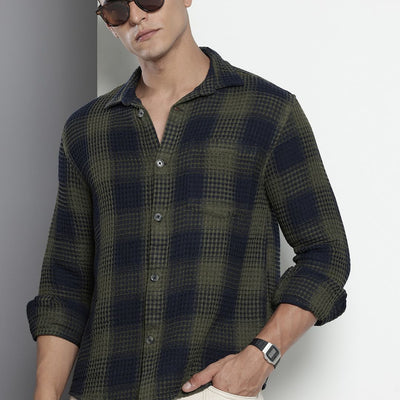 Men's Olive Relaxed Fit Textured Casual Shirt