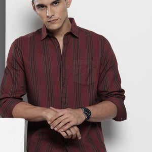 Men's Maroon Slim Fit Striped Casual Shirt