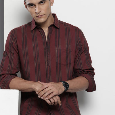 Men's Maroon Slim Fit Striped Casual Shirt