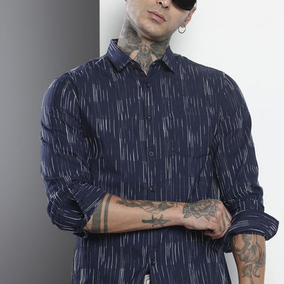Men's Navy Blue Slim Fit Striped Casual Shirt