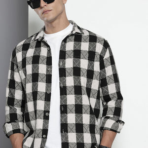 Men's Black Relaxed Fit Checked Resort Wear Shirt