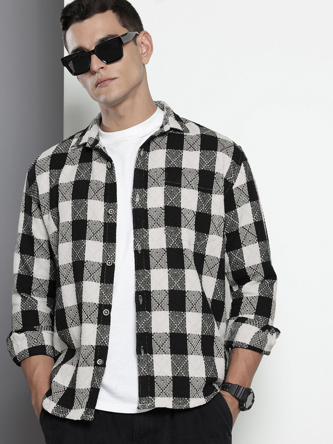 Men's Black Relaxed Fit Checked Resort Wear Shirt