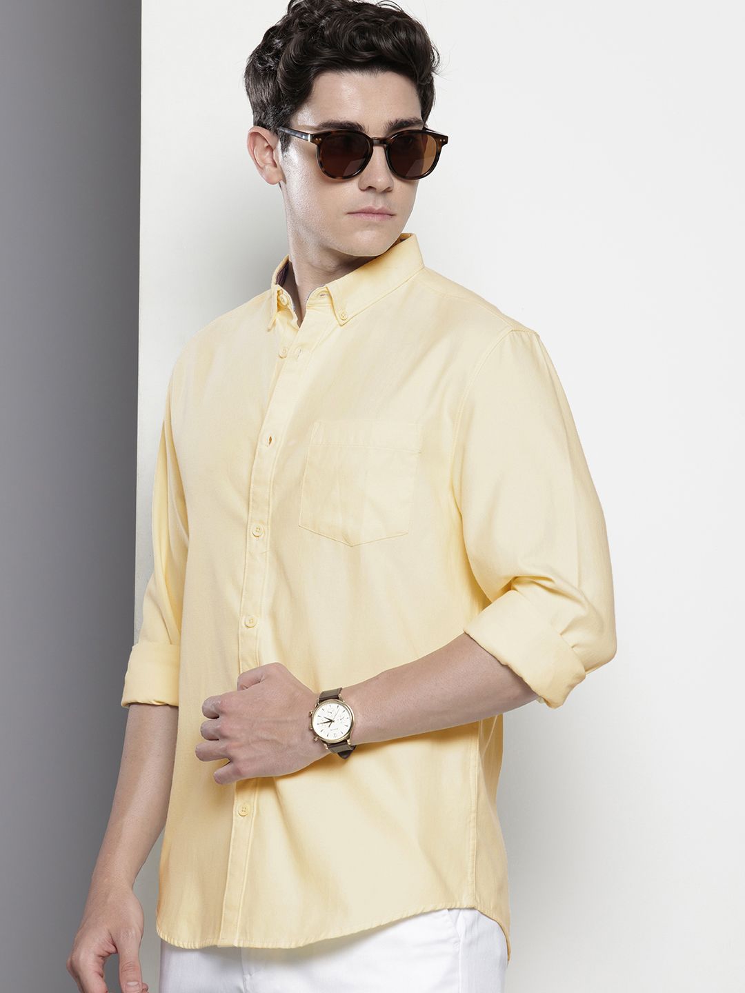 Men's Yellow Slim Fit Solid Casual Shirt