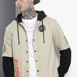 Men's Cream Regular Fit Graphic Print Street Wear Overshirt