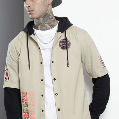Men's Cream Regular Fit Graphic Print Street Wear Overshirt