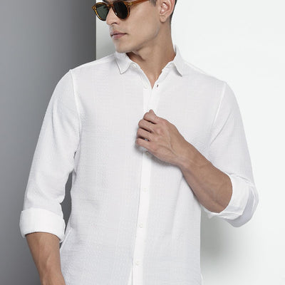 Men's White Regular Fit Solid Resort Wear Shirt