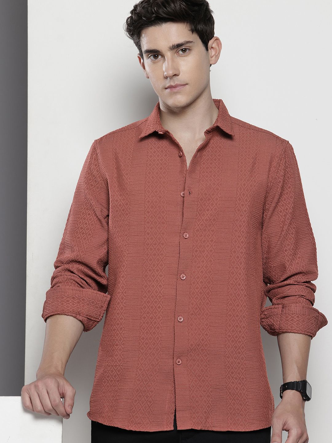 Men's Rust Regular Fit Solid Resort Wear Shirt