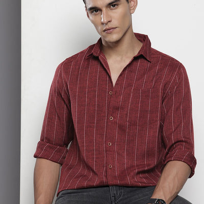 Men's Maroon Slim Fit Vertical Striped Casual Shirt