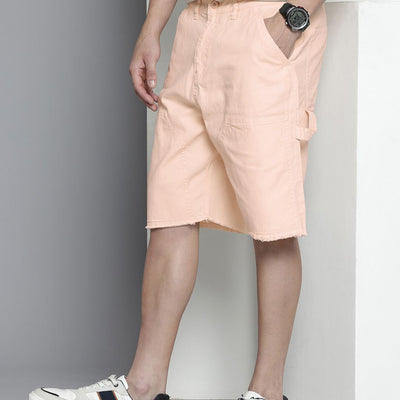 Men's Pink Relaxed Fit Patched Utility Shorts