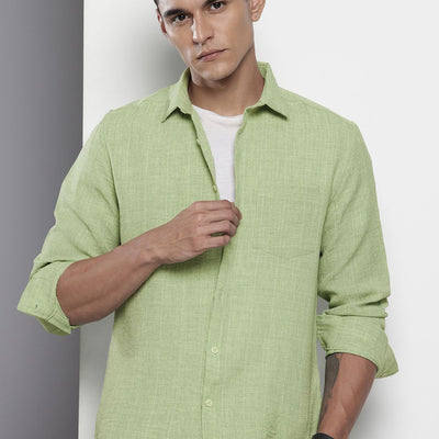Men's Green Slim Fit Vertical Striped Casual Shirt