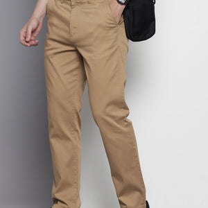 Men's Khaki Regular Fit Solid Chinos