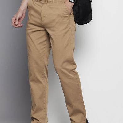 Men's Khaki Regular Fit Solid Chinos