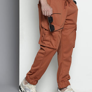 Men's Brown Relaxed Fit Textured Cargo Joggers
