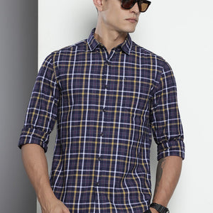 Men's Blue Slim Fit Checked Casual Shirt