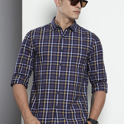 Men's Blue Slim Fit Checked Casual Shirt