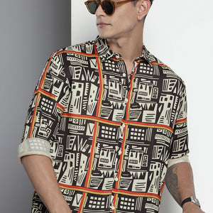 Men's Beige Relaxed Fit Geometric Print Resort Wear Shirt