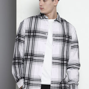 Men's White Regular Fit Checked Casual Overshirt