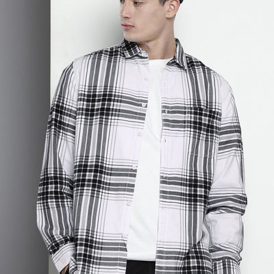Men's White Regular Fit Checked Casual Overshirt