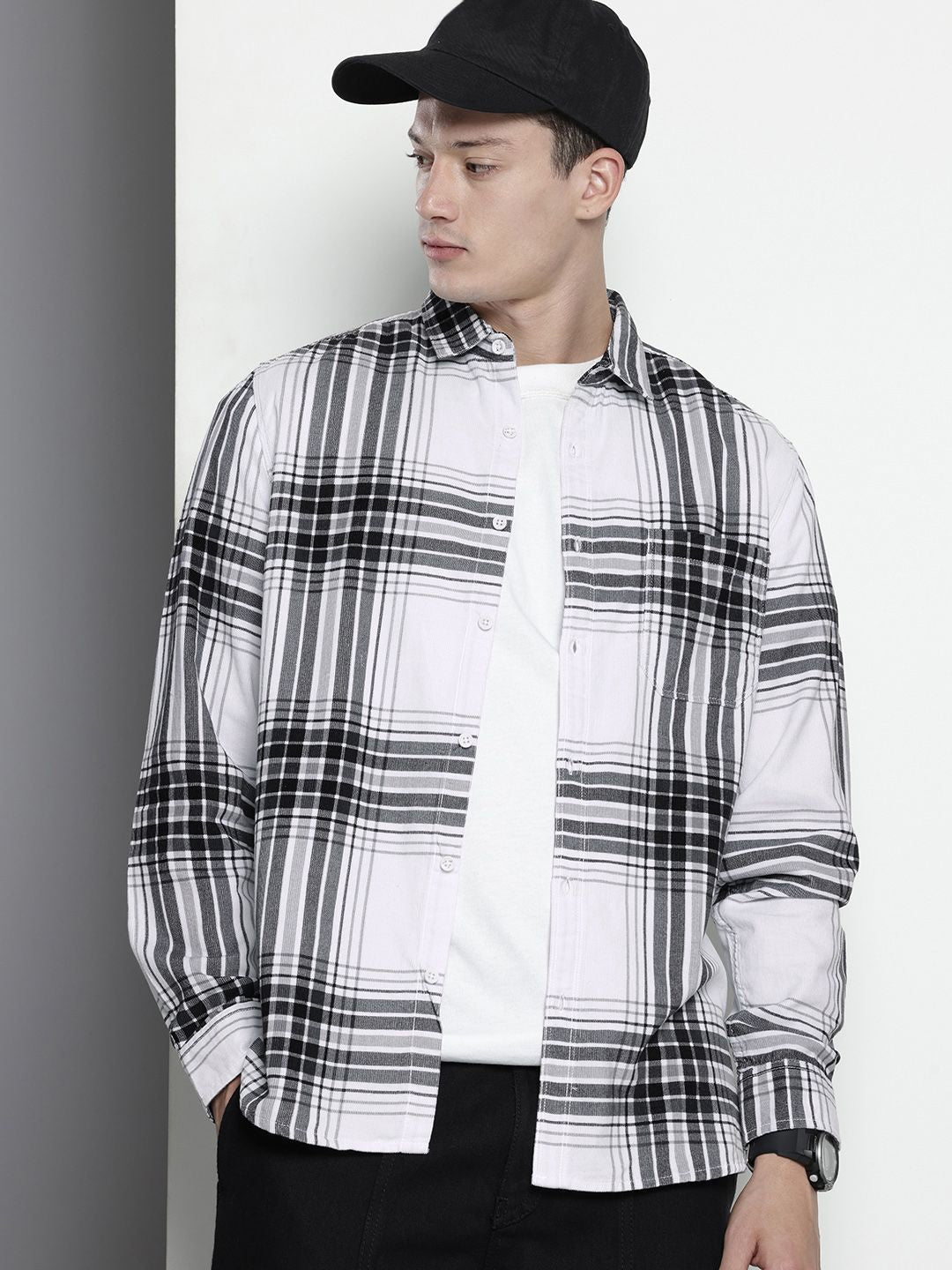 Men's White Regular Fit Checked Casual Overshirt