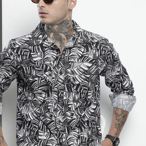 Men's Black Regular Fit Abstract Print Casual Overshirt