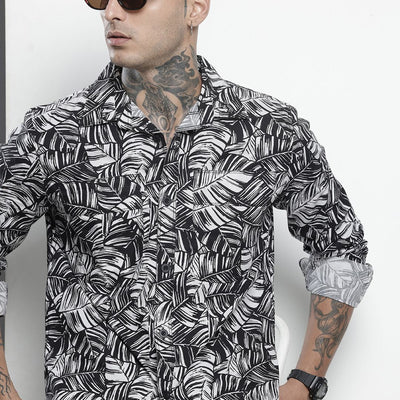 Men's Black Regular Fit Abstract Print Casual Overshirt