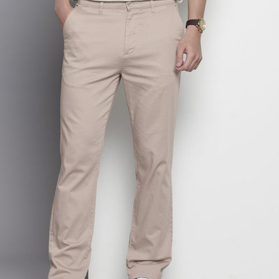 Men's Beige Regular Fit Solid Chinos