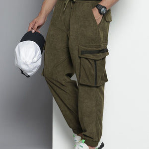 Men's Olive Relaxed Fit Textured Corduroy Loose Joggers