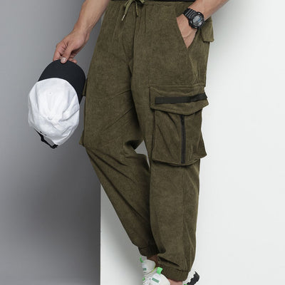 Men's Olive Relaxed Fit Textured Corduroy Loose Joggers