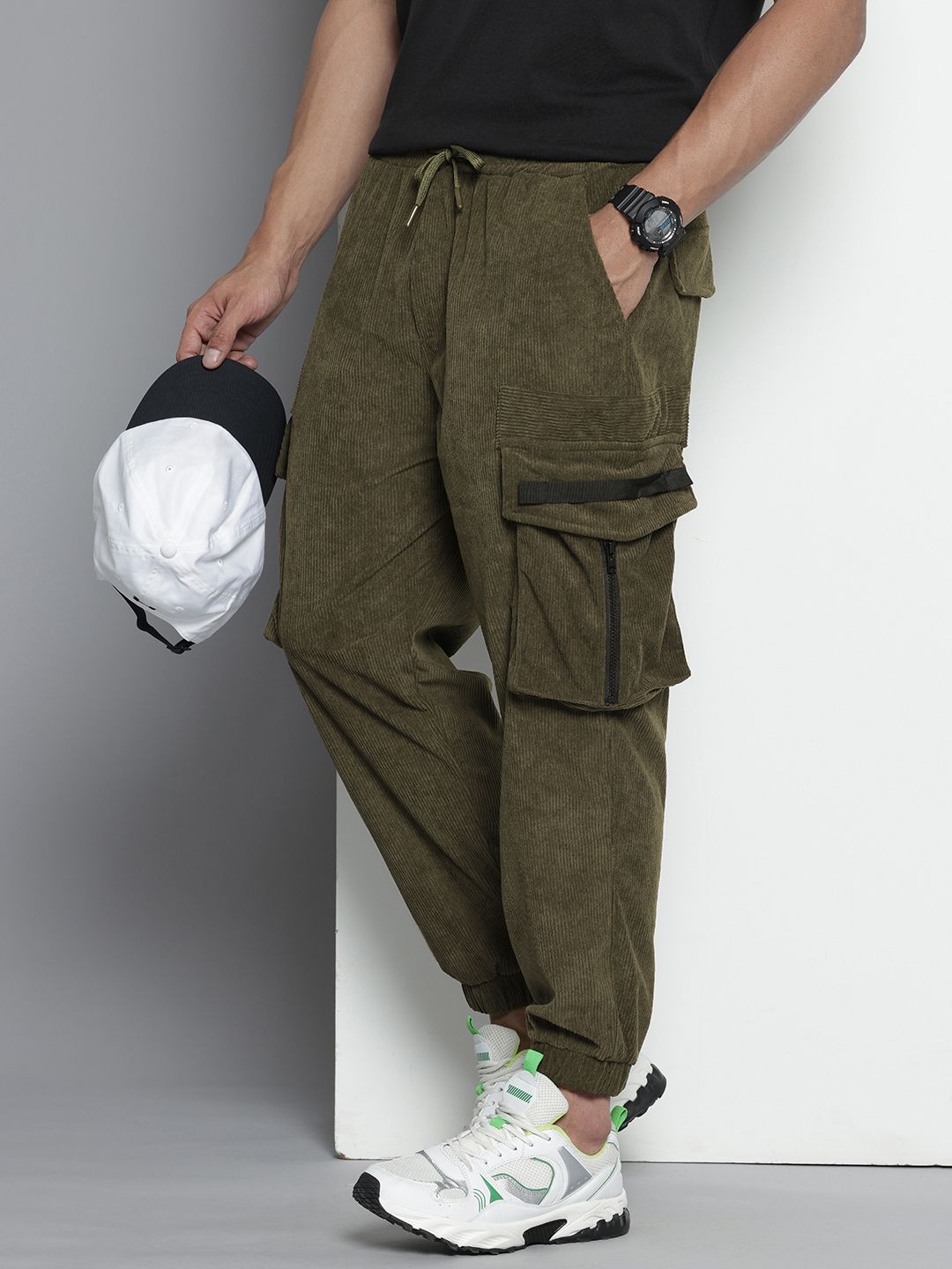 Men's Olive Relaxed Fit Textured Corduroy Loose Joggers